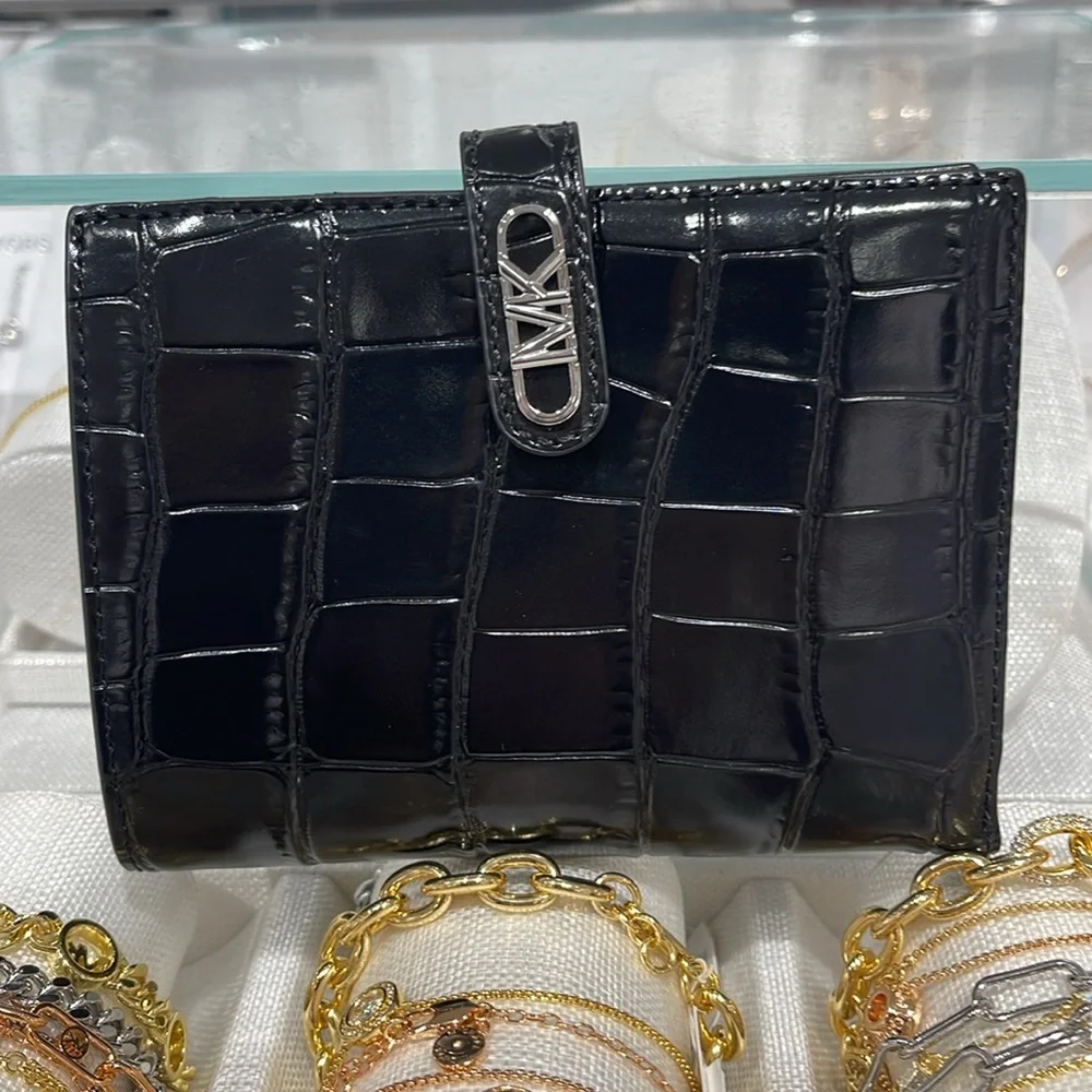 Michael Kors Empire Metallic Crocodile Embossed Leather Passport Wallet Black